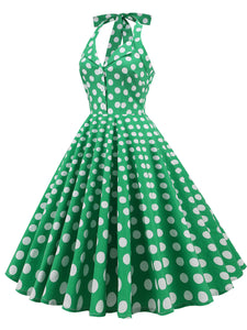 Green And White Polka Dots Pockets Vintage Halter 1950S Dress With Button