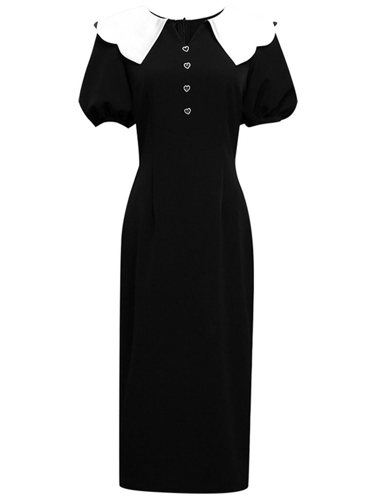White Big Collar Puff Sleeve Little Black Dress Vintage Style The Quee   Jolly Vintage