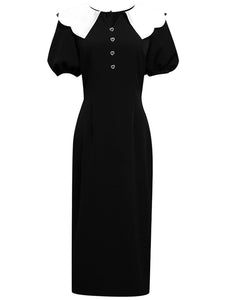 White Big Collar Puff Sleeve Little Black Dress Vintage Style The Queen's Gambit Similar Style 1960S Dress