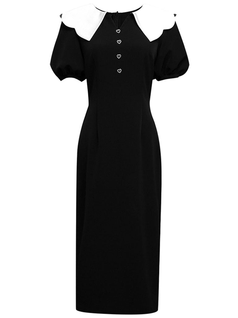 White Big Collar Puff Sleeve Little Black Dress Vintage Style The Queen's Gambit Similar Style 1960S Dress