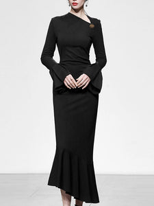 Black Irregular Collar Bell Sleeve Sexy Mermaid Dress