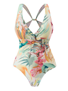 Apricot Floral Print Flower Strap One Piece With Bathing Suit Wrap Skirt