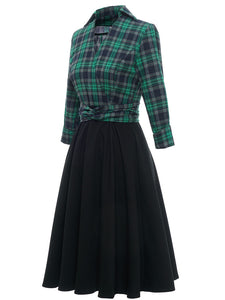 Green Plaid 3/4 Sleeve Fake Two Piece Style 1950S Vintage Dress