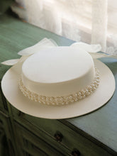 Load image into Gallery viewer, White Big Bow Wedding Pearls Hat With Vintage Boater Hat