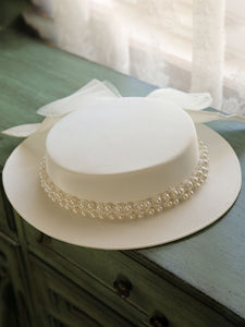 White Big Bow Wedding Pearls Hat With Vintage Boater Hat