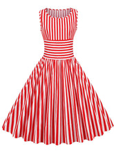 Load image into Gallery viewer, Red Stripe Crew Neck 1950S Vintage Swing Dress