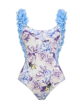 Load image into Gallery viewer, 2PS Blue Flower One Piece With Bathing Suit Warp Skirt