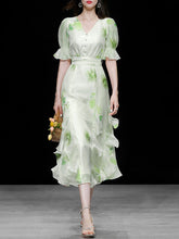 Load image into Gallery viewer, Green V Neck Floral Print Ruffles Maxi Chiffon Dress