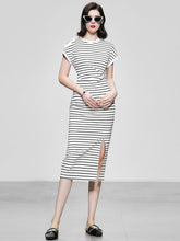 Load image into Gallery viewer, Striped Crew Neck Slit Casual Sexy Bodycon Dress