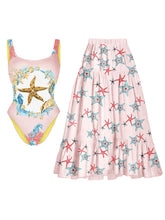 Load image into Gallery viewer, 2PS Starfish Print One Piece With Bathing Suit Swing Skirt