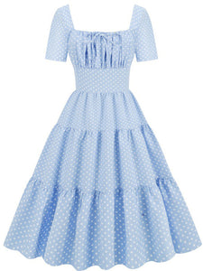 Light Blue Polka Dots Square Collar 1950S Vintage Swing Dress