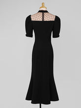 Load image into Gallery viewer, Semi-Sheer Polka Dots Puff Sleeve Little Black Fishtail Dress Vintage Style