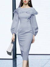 Load image into Gallery viewer, Light Blue Ruffles Long Sleeve Vintage 1940S Bodycon Dress