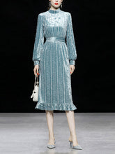 Load image into Gallery viewer, Light Blue Stand Collar Ruffles Long Sleeve Velvet 1940S Dress