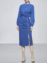 Load image into Gallery viewer, 2PS Royal Blue Casual Crew Neck Loose Short Sweater And Smocked Bodycon Skirt Suit