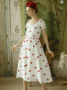 Strawberry  Embroidered Puff Sleeve Vintage Cotton Dress