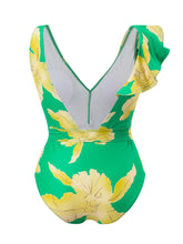 Load image into Gallery viewer, Blue Floral Print Ruffles Strap One Piece With Bathing Suit Wrap Skirt