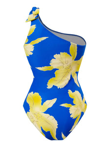 Blue Floral Print Ruffles One Shoulder Bodysuit With Wrap Skirt Bathing Suit