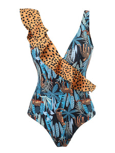 Blue Leopard Print V Neck One Piece With Bathing Suit Wrap Skirt