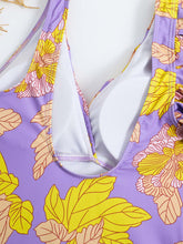 Load image into Gallery viewer, Purple Leaf Print V Neck One Piece With Bathing Suit Wrap Skirt