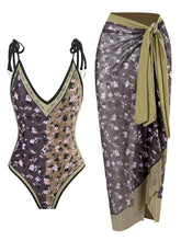 Load image into Gallery viewer, Floral Print Retro Style V Neck One Piece With Bathing Suit Wrap Skirt