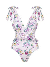 Load image into Gallery viewer, Purple Floral Print Bow Strap One Piece With Bathing Suit Wrap Skirt