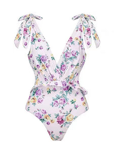 Purple Floral Print Bow Strap One Piece With Bathing Suit Wrap Skirt