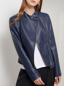 Navy Long Sleeve PU Leather Motorcycle Jacket