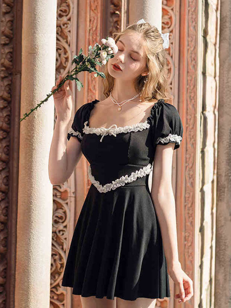 Black Hepburn Style White Ruffles Vintage One Piece Swimwear