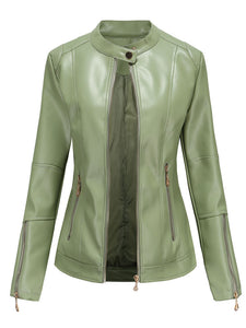 Light Green Long Sleeve PU Leather Motorcycle Jacket For Women