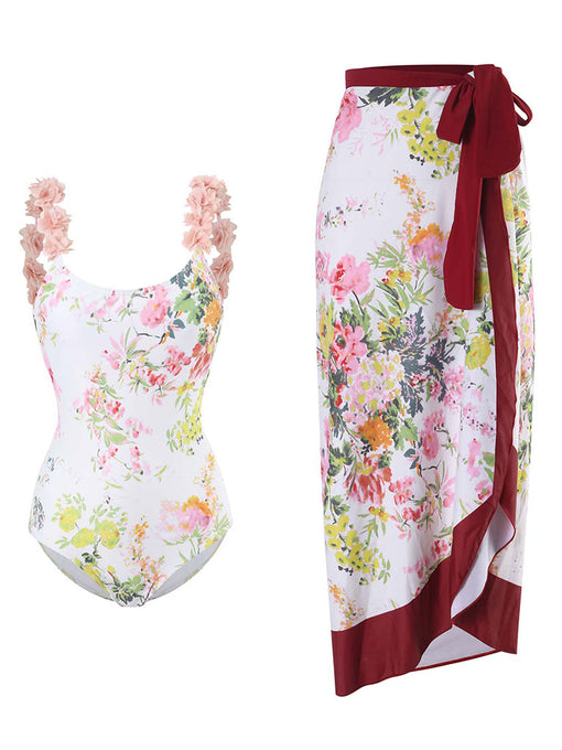 Floral Print Flower Strap One Piece With Bathing Suit Wrap Skirt