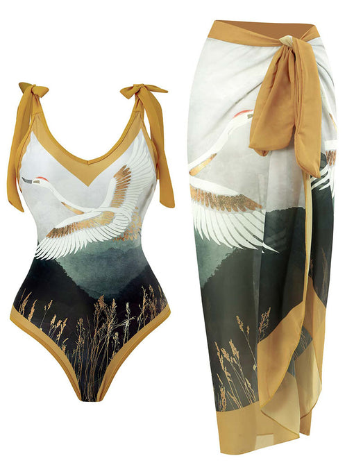 Cranes Bird Print Retro Style V Neck One Piece With Bathing Suit Wrap Skirt