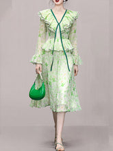 Load image into Gallery viewer, Avocado Green V Neck Ruffles Long Sleeve 1950S Vintage Dress