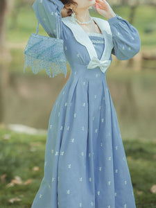 Blue Sailor Petal Neck Embroidered Vintage Dress