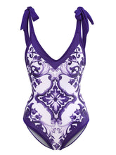 Load image into Gallery viewer, Blue And White Porcelain Retro Style V Neck One Piece With Bathing Suit Wrap Skirt