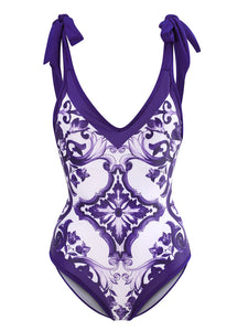 Blue And White Porcelain Retro Style V Neck One Piece With Bathing Suit Wrap Skirt