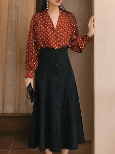 1950S Vintage Red Polka Dots Shirt And Black Skirt Set