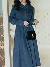 Load image into Gallery viewer, Denim Lapel Long Sleeve 1950S Swing Vintage Dress