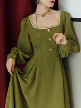 Load image into Gallery viewer, Green Embroidered Square Collar Puff Long Sleeve 1950S Dress