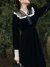Load image into Gallery viewer, Black Semi-Sheer Velvet  Long Sleeve Lace Vintage Dress