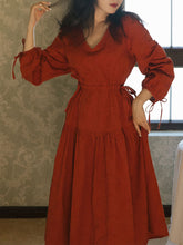 Load image into Gallery viewer, Orange V Neck Relief Jacquard Long Sleeve Vintage Dress