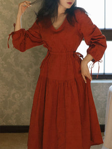 Orange V Neck Relief Jacquard Long Sleeve Vintage Dress