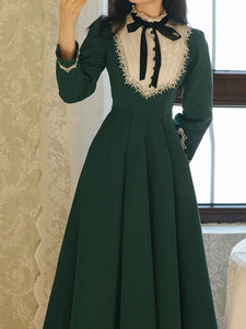 Dark Green Long Sleeve Ruffles Evdwardian Revival Dress