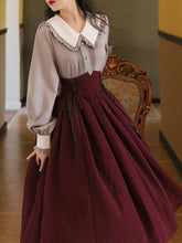 Load image into Gallery viewer, 1950S Vintage Peter Pan Puffed Sleeve Shirt And Striped Jacquard Swing Skirt Set