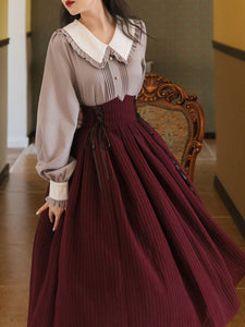 1950S Vintage Peter Pan Puffed Sleeve Shirt And Striped Jacquard Swing Skirt Set