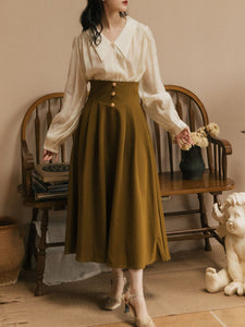 2PS Apricot Long Sleeve Blouse And ArmyGreen Pockets Swing Strap Skirt Dresss Set