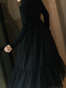 Sweet Hollow Carved Sweater Top Stitching Tulle Little Black Dress With Belt