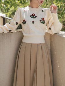 2PS White Embroidered Flower Sweater And Pleats Swing Skirt