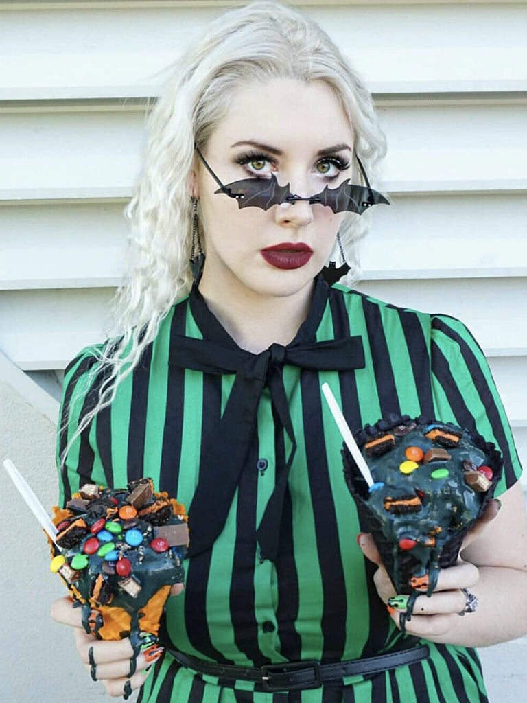 Green and Black Stripe With Pockets 50S Halloween Dress, Green / M Green and Black Stripe With Pockets 50S Halloween Dress, Green / M