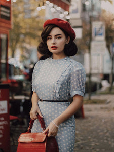 Blue Polka Dots Puff Sleeve Vintage Chiffon Dress